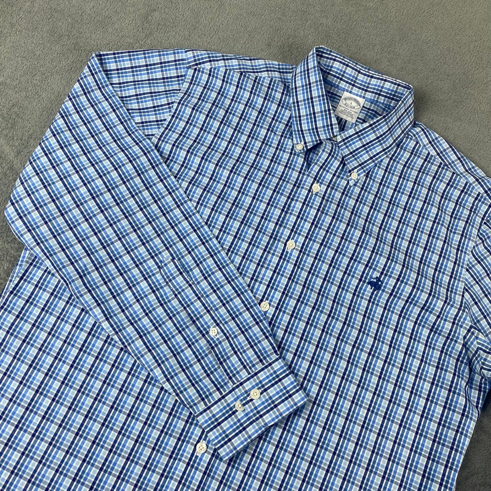 Brooks Brothers Mens Large Polo Shirt Blue Plaid Non-Iron Supima Cotton